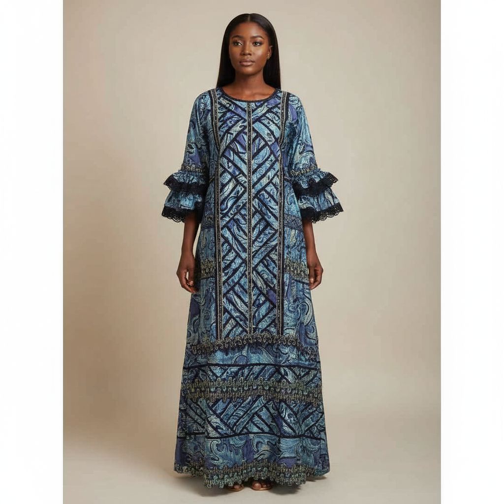 Robe wax femme élégante longue, motifs géométriques et dentelle noire