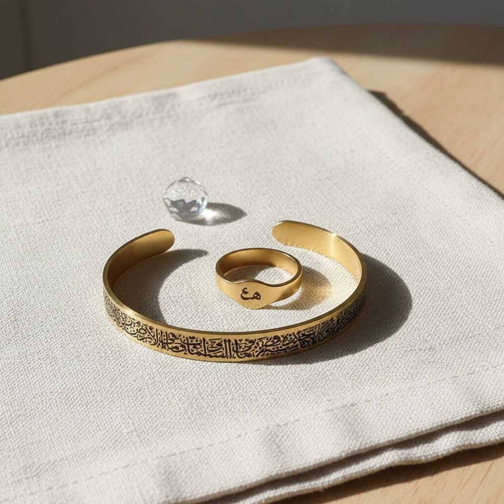 Bracelet ayatoul kourci doré inoxydable et bague offerte bijou arabe élégant