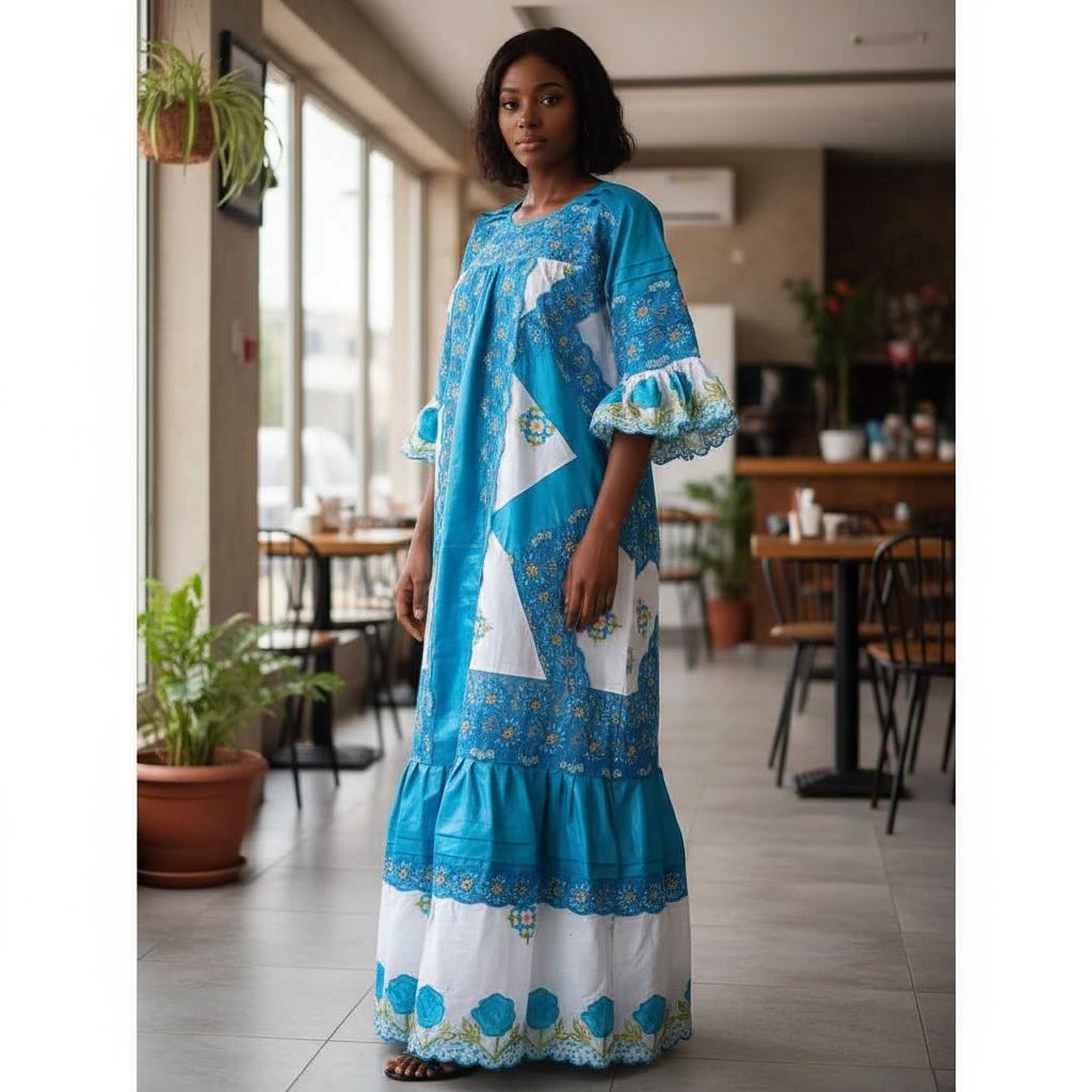 Robe bazin brodée femme élégante, longue, bleu et blanc, cérémonie