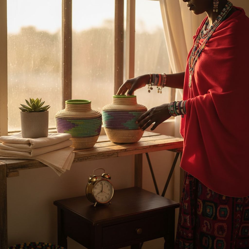 Lot de 3 paniers décoration africaine Masai, panier ethnique maison multicolore