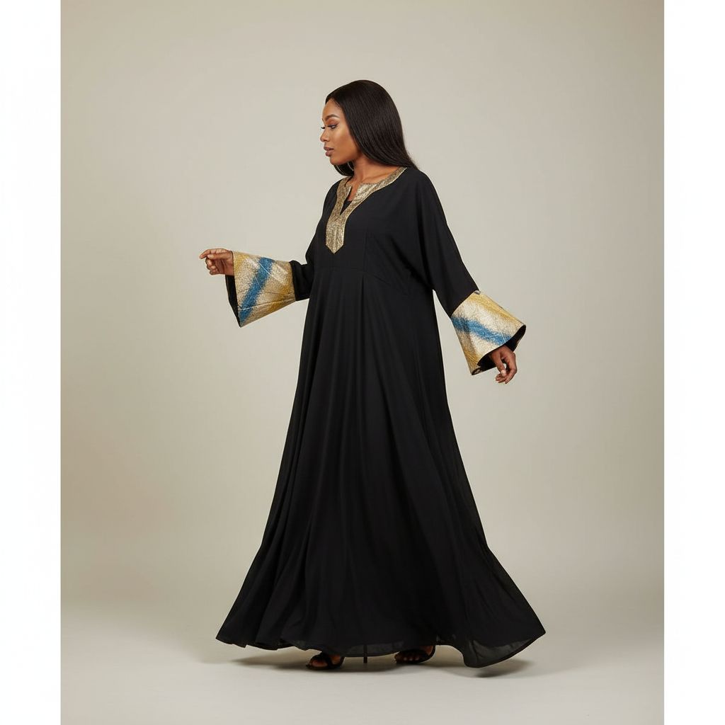 Robe verte élégante femme longue, col en V doré, manches évasées chic