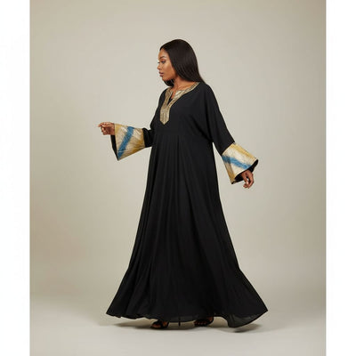 Robe verte élégante femme longue, col en V doré, manches évasées chic