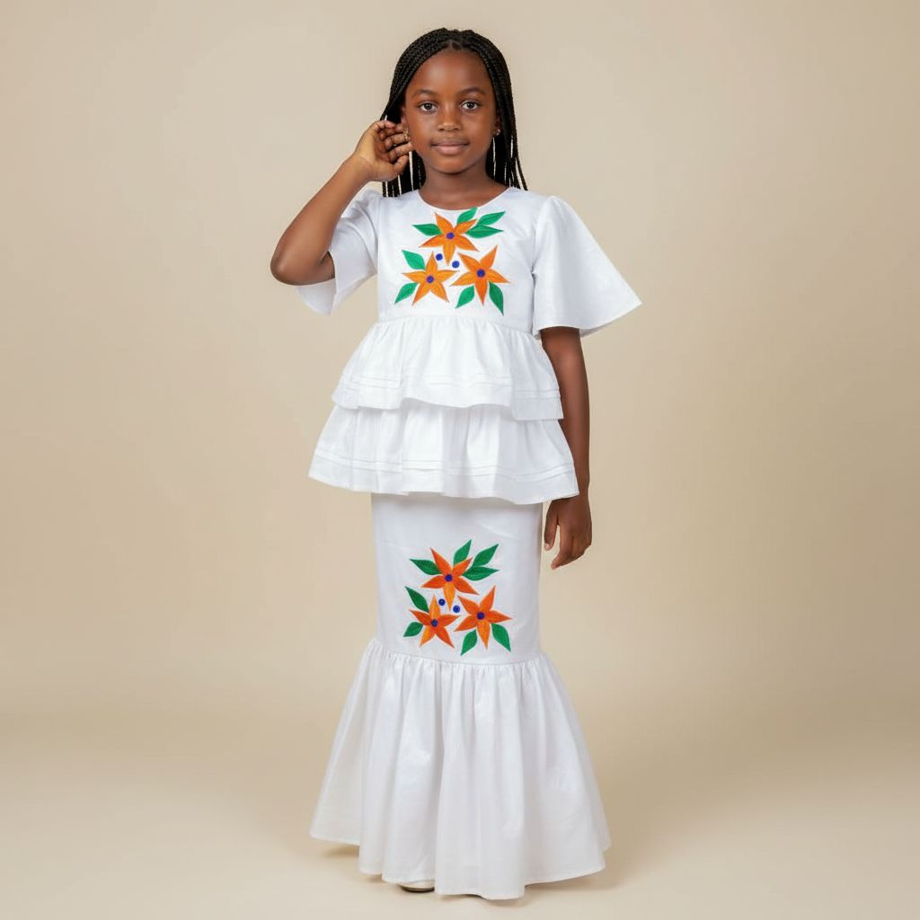 Ensemble cérémonie fille 7 ans blanc, jupe et haut floral chic événement