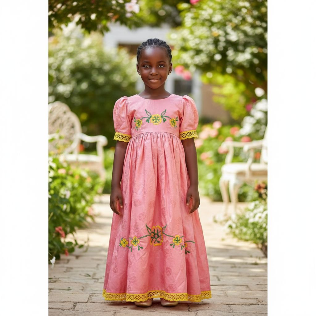 Robe fille cérémonie rouge brodée bazin riche