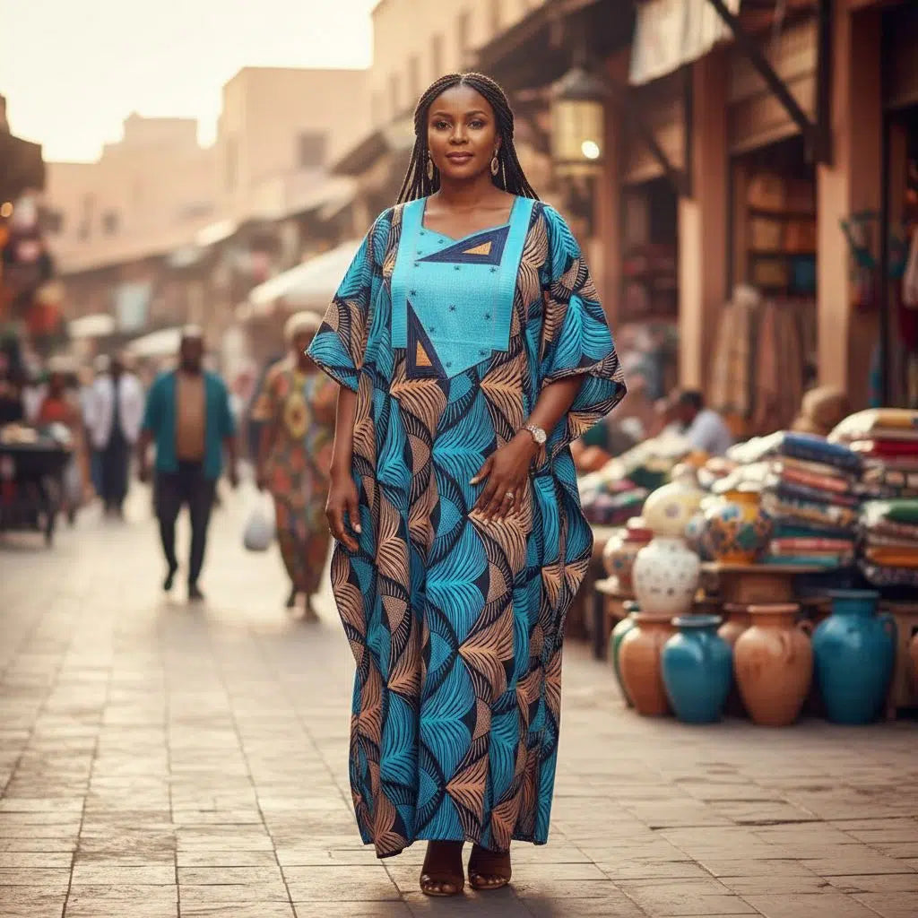 Boubou wax brodé femme multicolore, robe africaine ample et chic