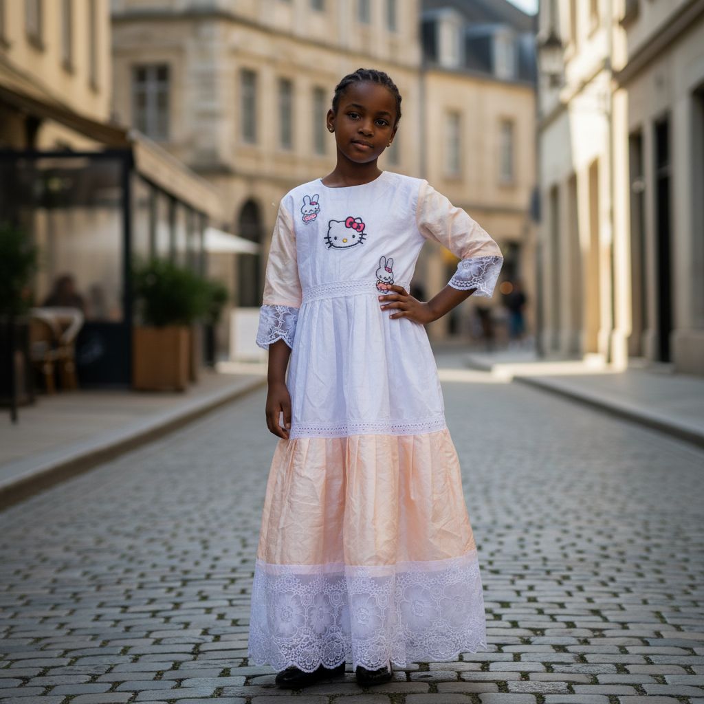 Robe petite fille cérémonie satin dentelle, motif chat et lapin pastel chic