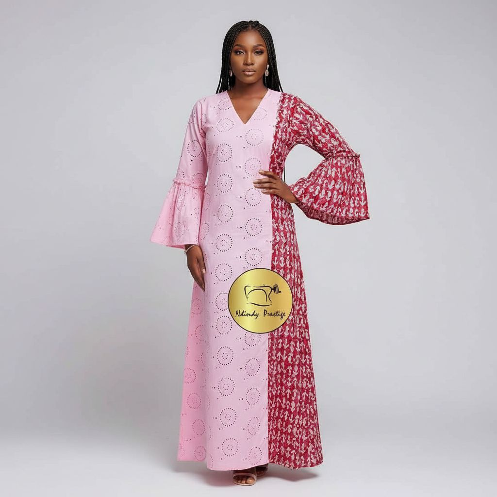 Robe patch brodée femme indigo rose et rouge, manches asymétriques chic