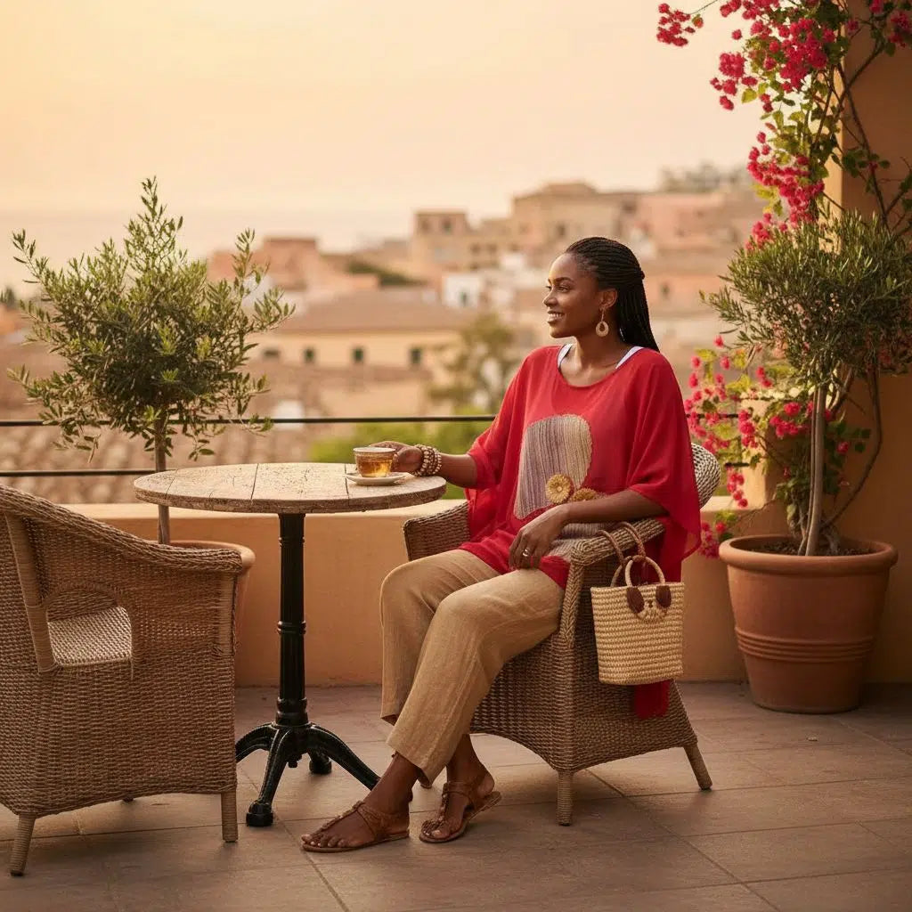 Haut femme bohème chic rouge fait main, tunique pagne tissé élégante