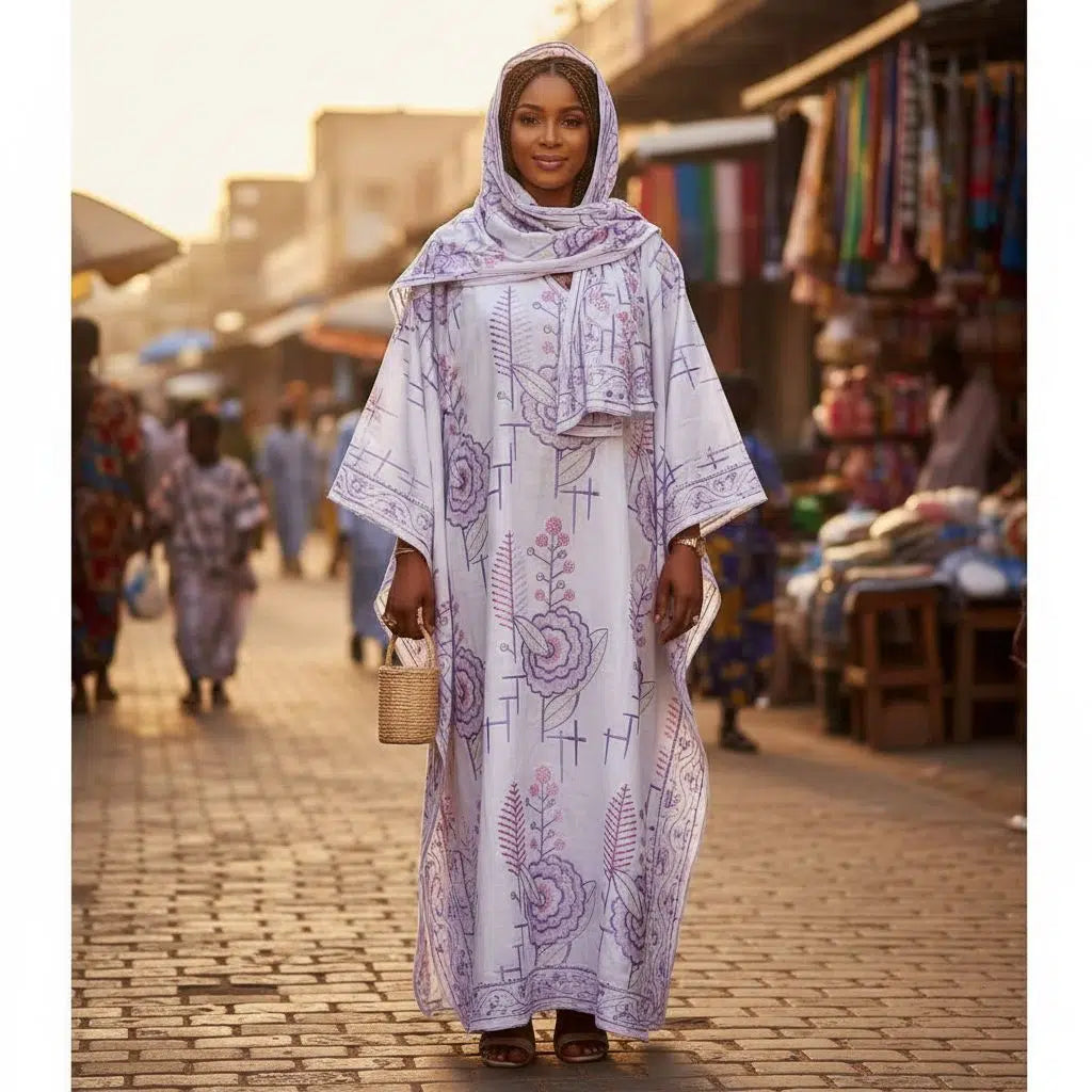 Robe boubou sénégalaise femme avec foulard, broderie mauve, Grand Dakar