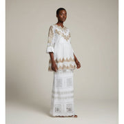 Ensemble marinière pagne femme chic Geztner et voile suisse, broderie dorée
