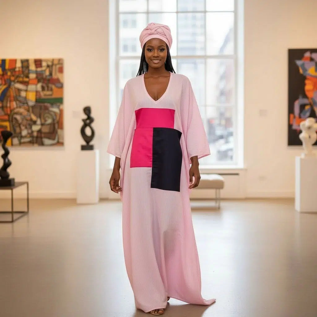 Tunique rose longue en coton avec turban