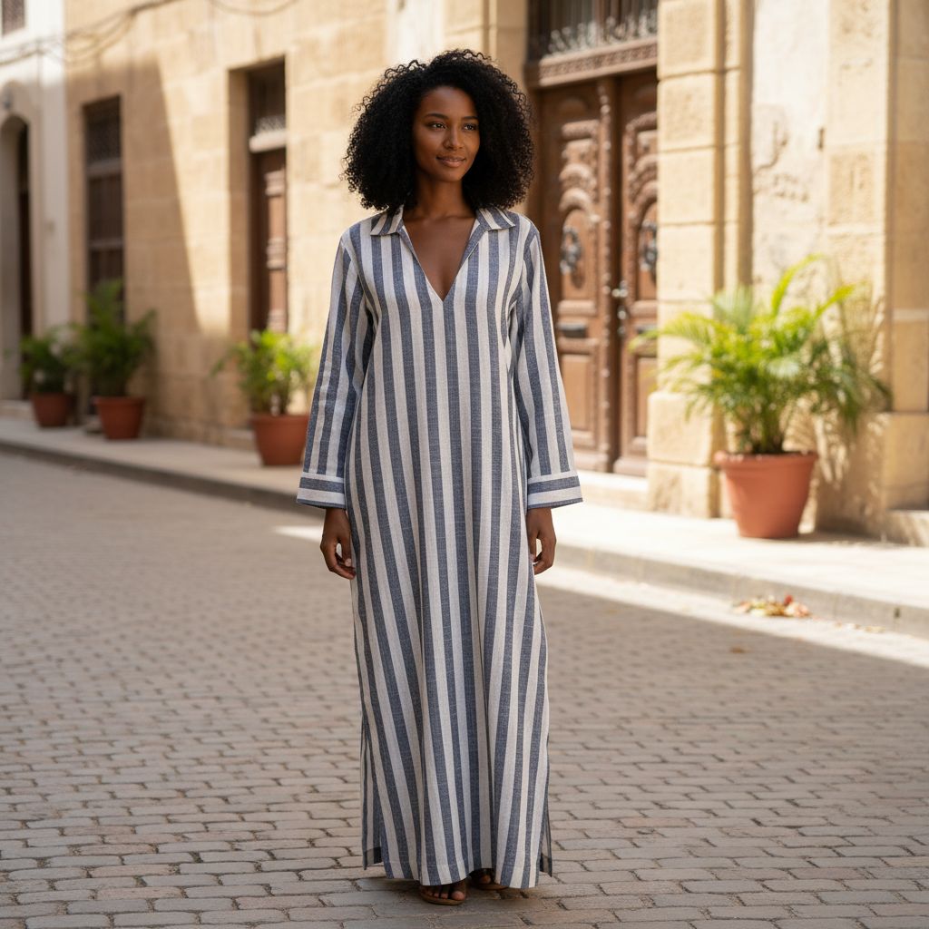 Robe longue rayée femme en lin bleu et blanc, manches longues, col chemise