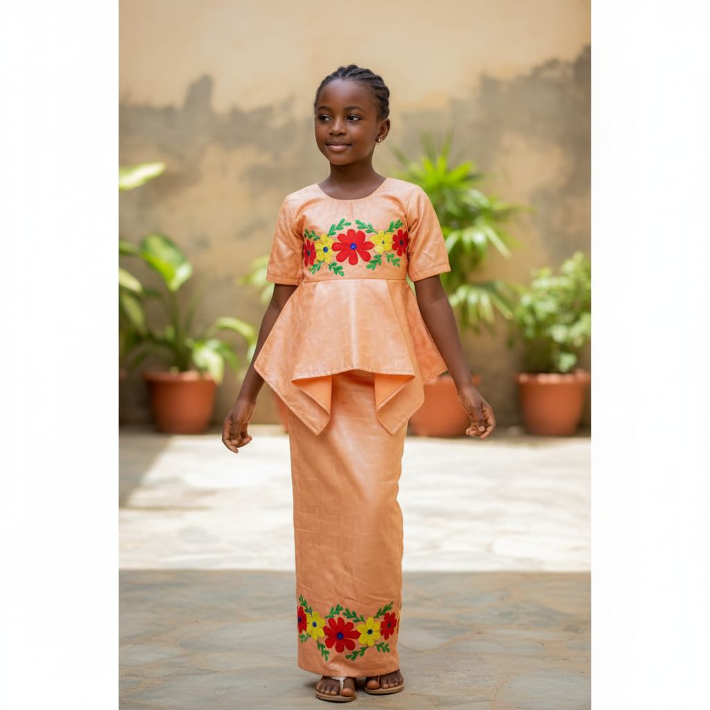 Ensemble cérémonie fille 8 ans orange chic, jupe et haut floral élégant