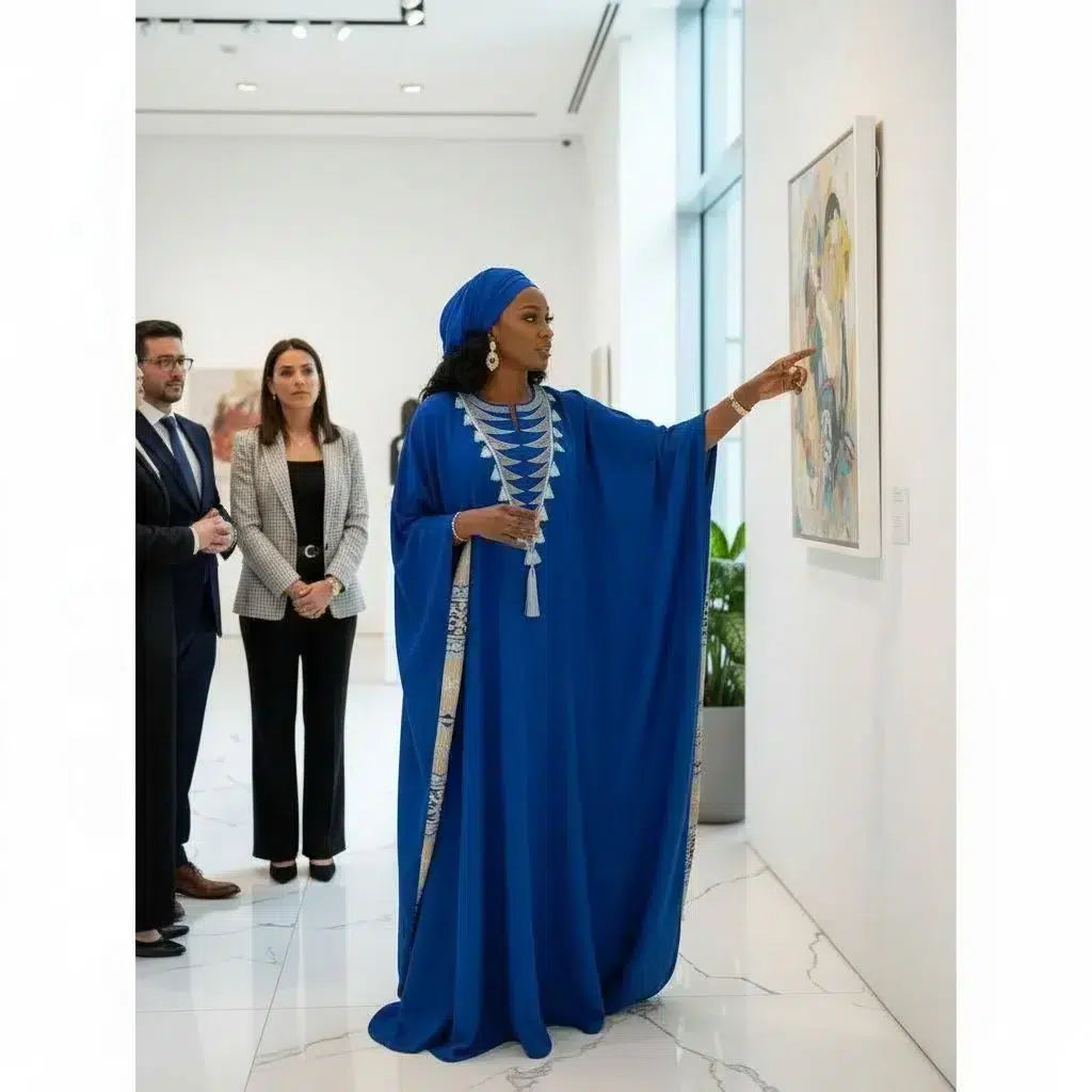 Boubou femme élégant bleu roi – Robe longue pagne tissé brodé cérémonie chic