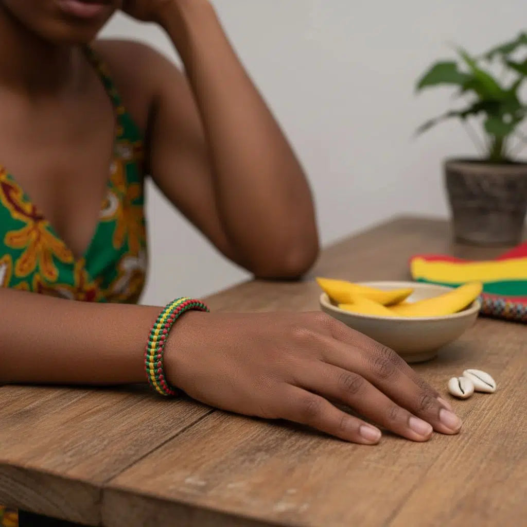 Bracelet macramé fait main vert jaune rouge, bijou artisanal sénégalais