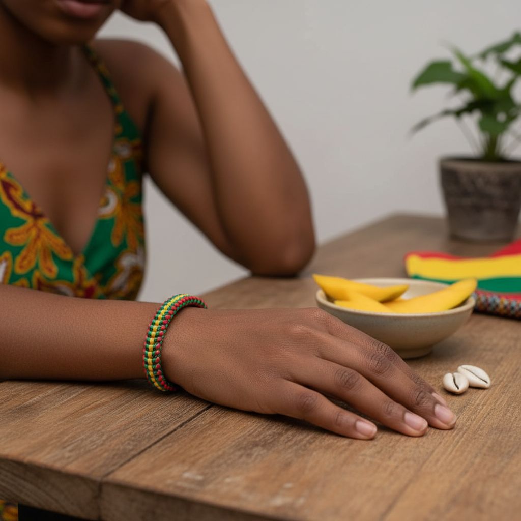 Bracelet macramé fait main vert jaune rouge, bijou artisanal sénégalais