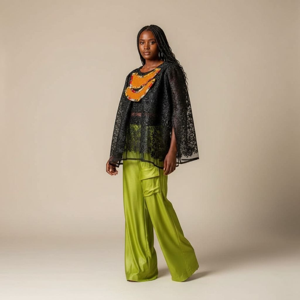 Ensemble noir et vert, cape dentelle et pantalon