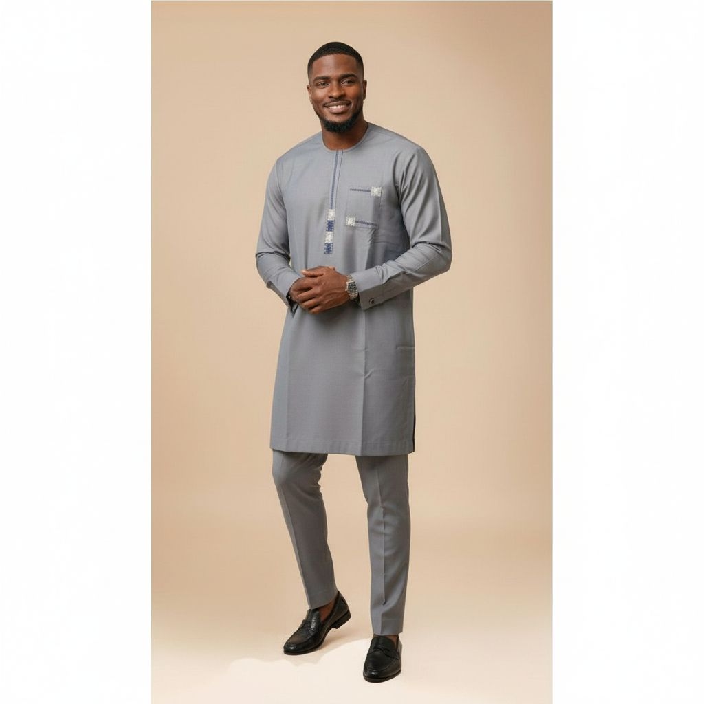 Ensemble homme élégant gris tunique et pantalon chic pour cérémonie