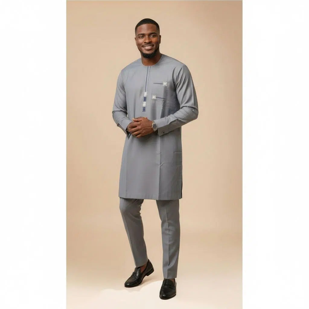 Ensemble homme élégant gris tunique et pantalon chic pour cérémonie