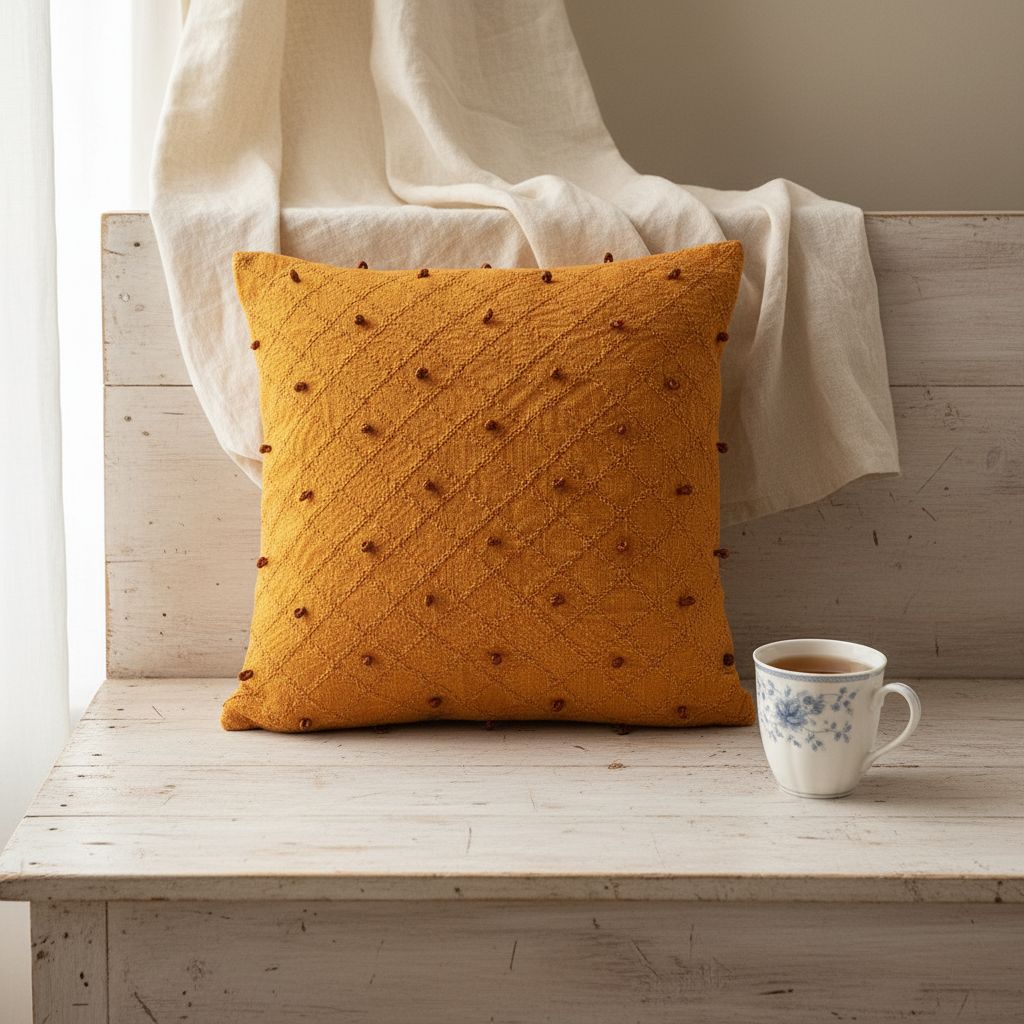 Coussin brodé main orange clémentine, déco bohème chic salon moderne