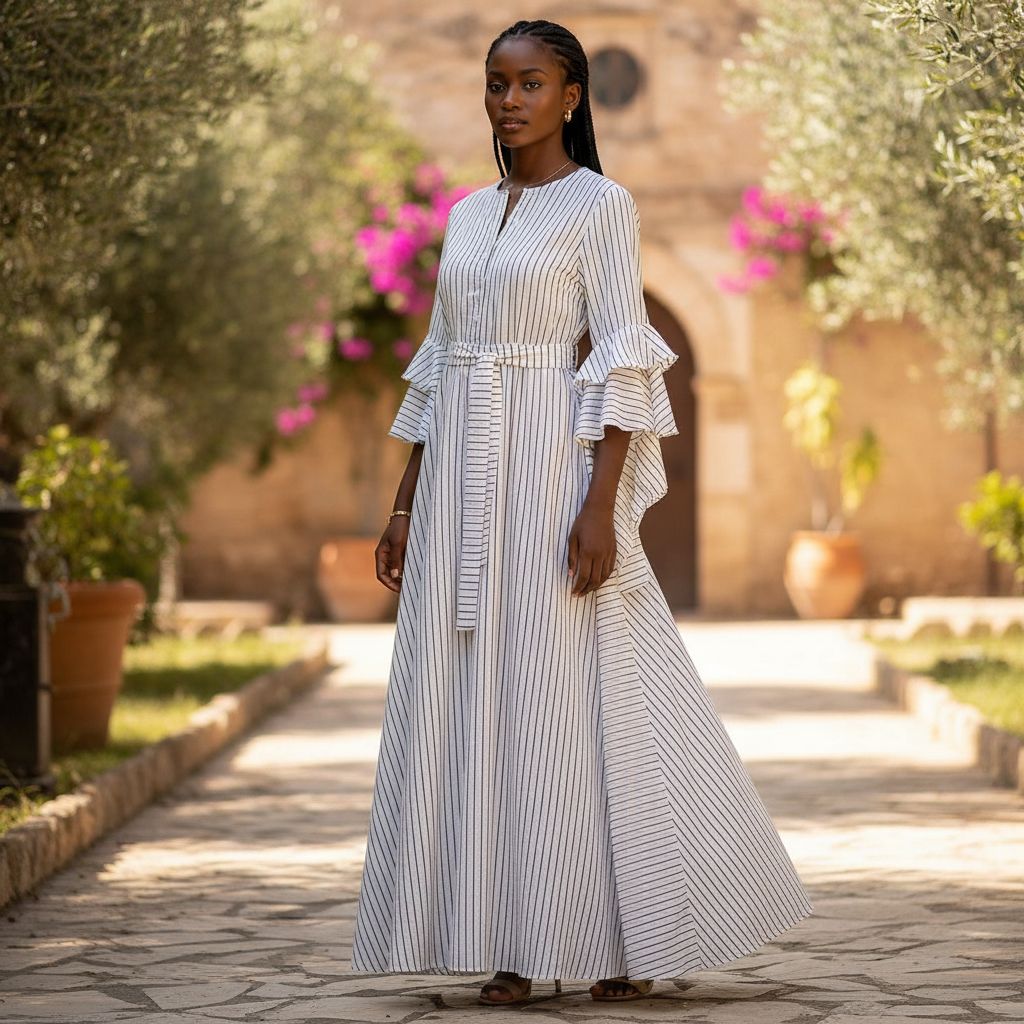 Robe longue femme élégante blanche et grise, fluide à rayures, chic et ceinturée