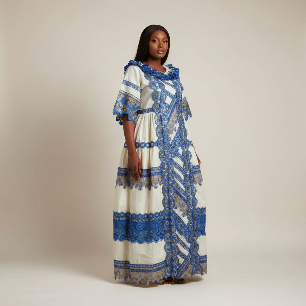 Robe bazin femme élégante brodée dorée, ample, cérémonie africaine