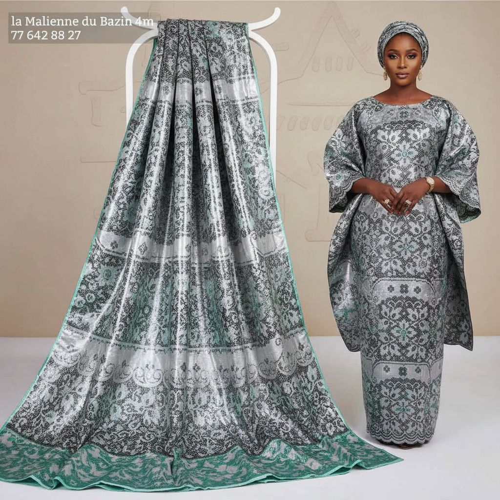 Bazin thioup 4 mètres gris vert, tissu africain élégant pour robe femme