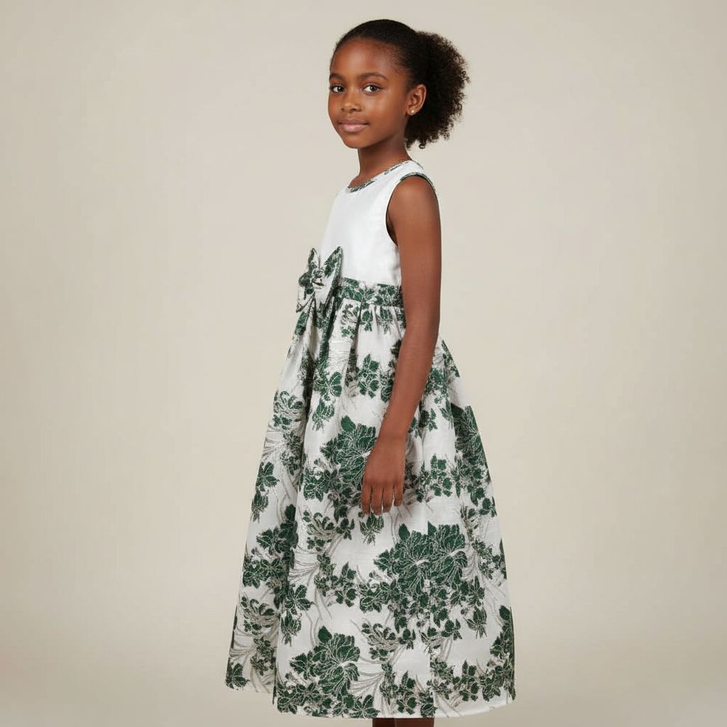 Robe fille cérémonie blanche et verte satin jacquard, élégante avec nœud