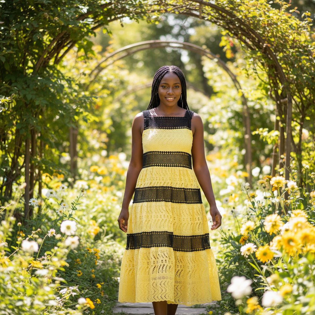 Robe brodée anglaise femme jaune et noir avec dentelle ajourée