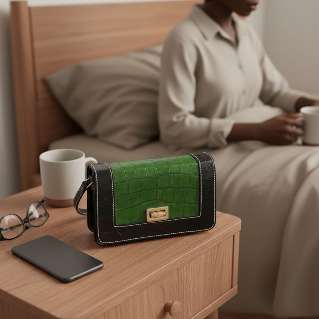 Sac à main cuir femme vert et noir, élégant croco, bandoulière chic