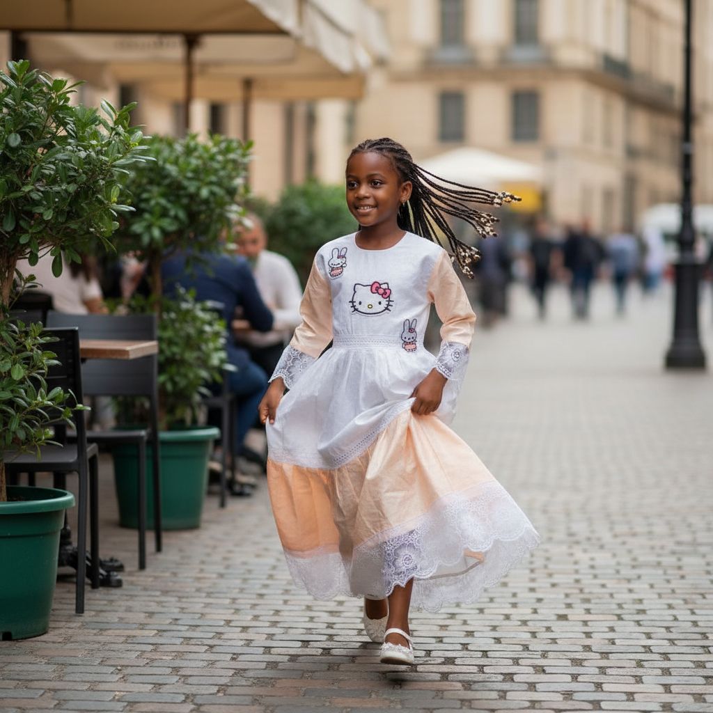 Robe petite fille cérémonie satin dentelle, motif chat et lapin pastel chic