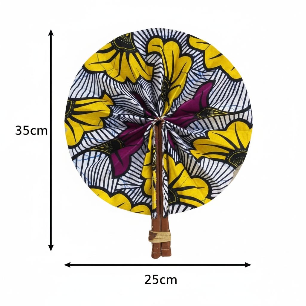 Éventail artisanal sénégalais en tissu wax, accessoire ethnique coloré