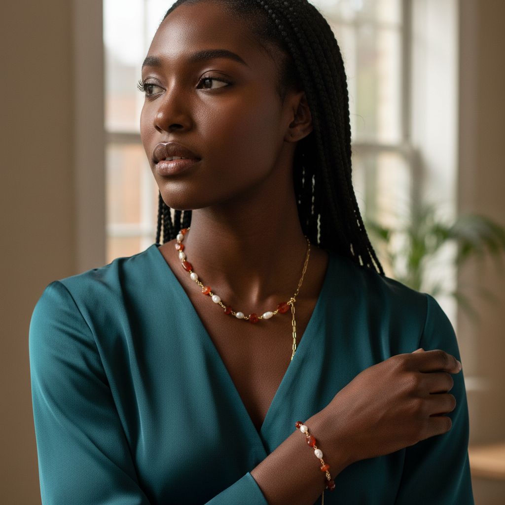 Collier cornaline et perles d’eau douce, bijou pierre naturelle femme