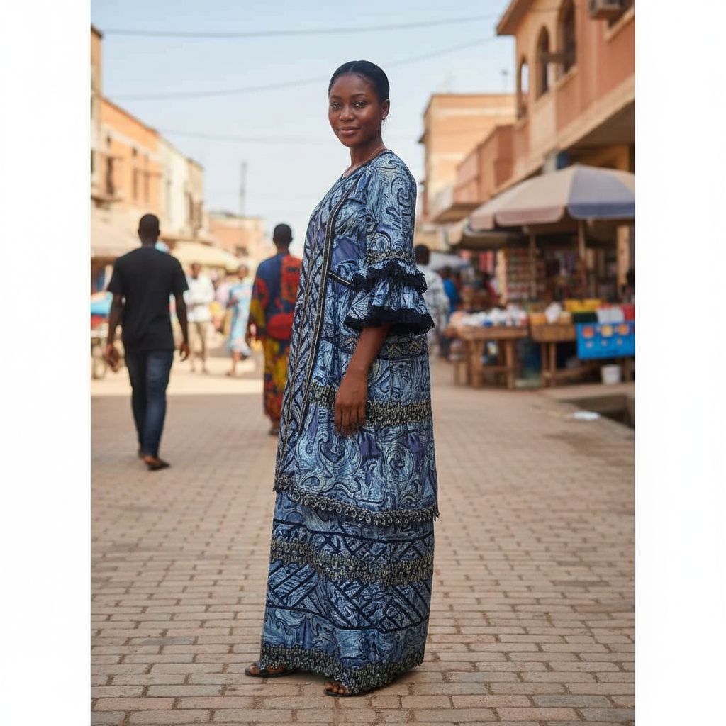 Robe wax femme élégante longue, motifs géométriques et dentelle noire