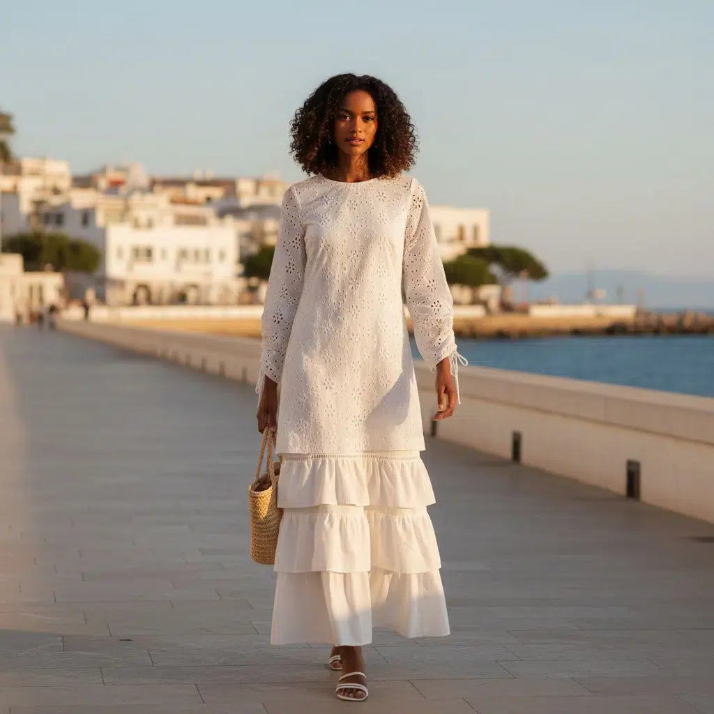 Robe brodée femme, élégante bohème chic, coton manches longues