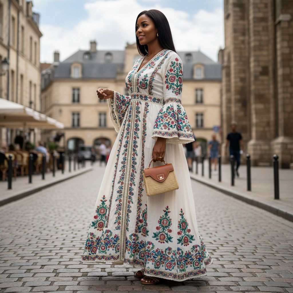Robe femme brodée longue élégante, dentelle bohème chic, multicolore