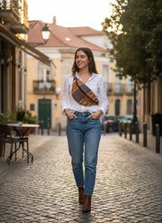 Sac banane marron rayé ajustable en toile coton – Style vintage bohème