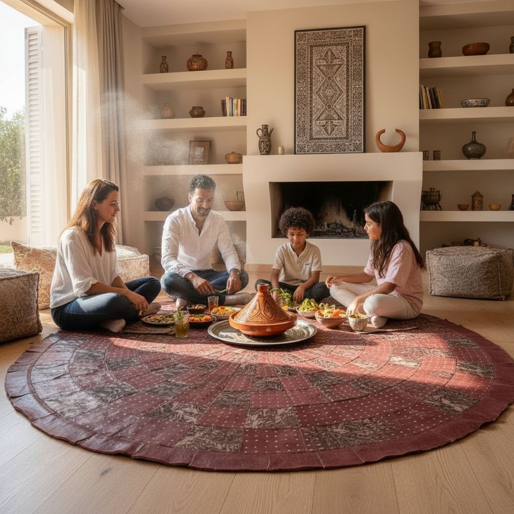 TAPIS BERBERE EN CUIR ARTISANAL AUBURN AVEC 4 POUFS