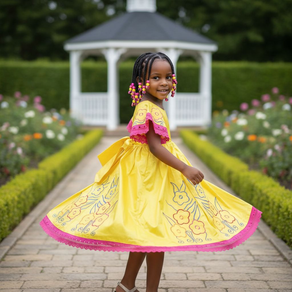 Robe fille 5 ans jaune brodée en bazin riche