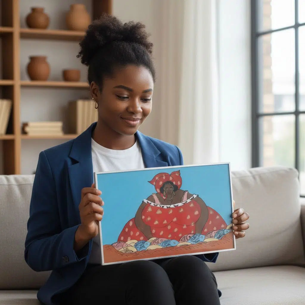 Tableau décoration murale femme coloré motif folklorique encadré 18x32 cm