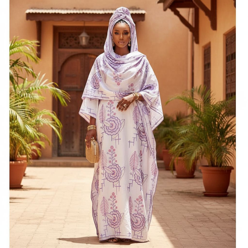 Robe boubou sénégalaise femme avec foulard, broderie mauve, Grand Dakar