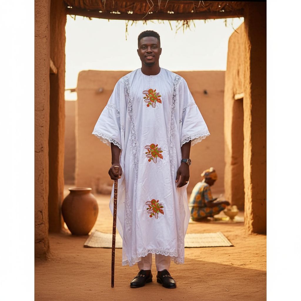 Boubou femme blanc brodé élégant, robe traditionnelle mariage broderie orange