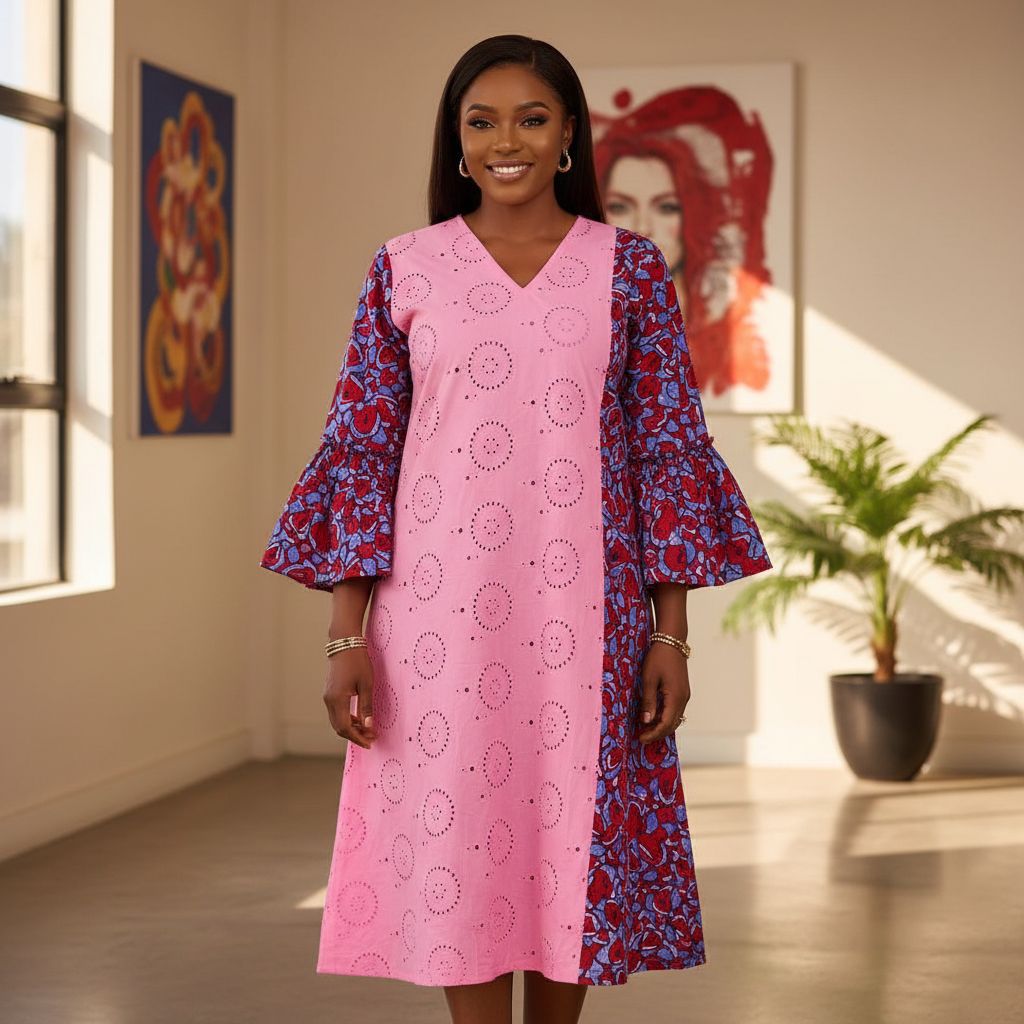 Robe patch brodée femme indigo rose et rouge, manches asymétriques chic