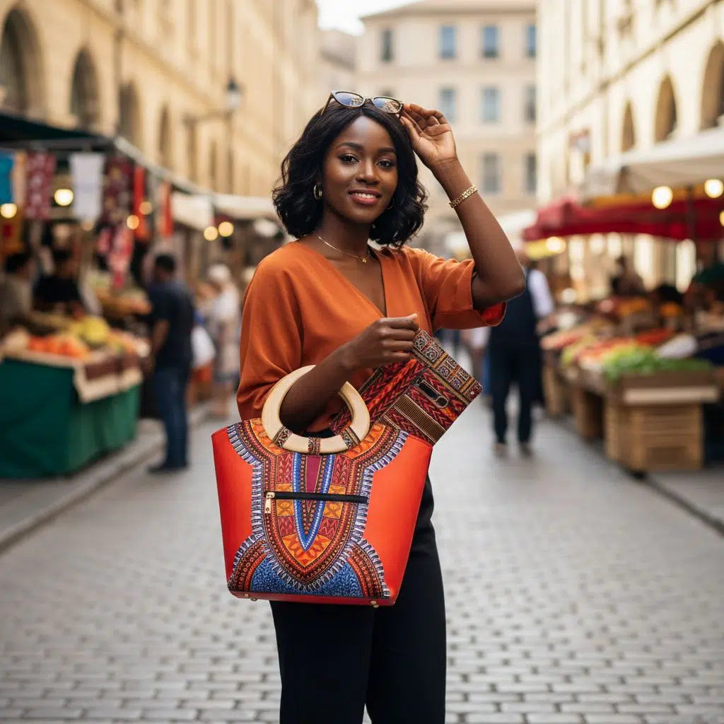 Sac à main femme ethnique wax africain avec pochette, poignée bois chic