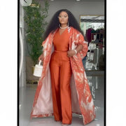 Ensemble femme élégant 3 pièces satinée orange bleu blanc, chic et moderne