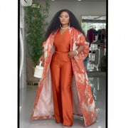 Ensemble femme élégant 3 pièces satinée orange bleu blanc, chic et moderne