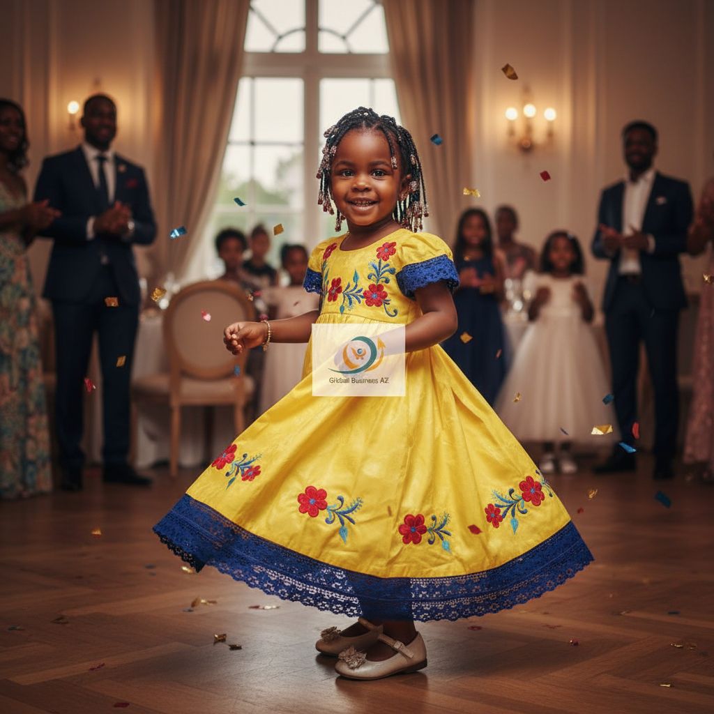 Robe cérémonie fille jaune brodée bazin riche