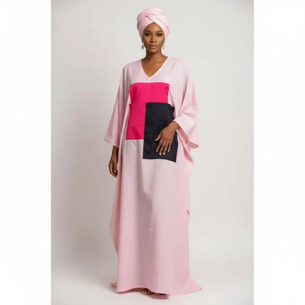 Tunique rose longue en coton avec turban