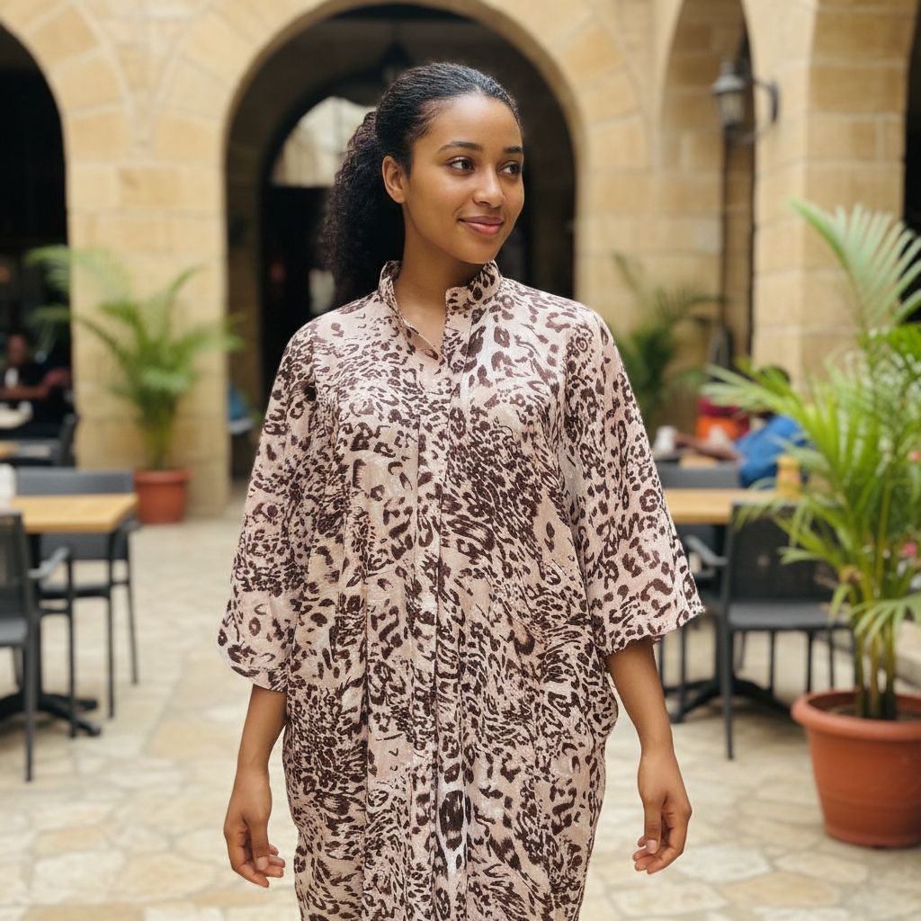 Tunique femme imprimé animal chic, ample, col V, manches trois-quarts