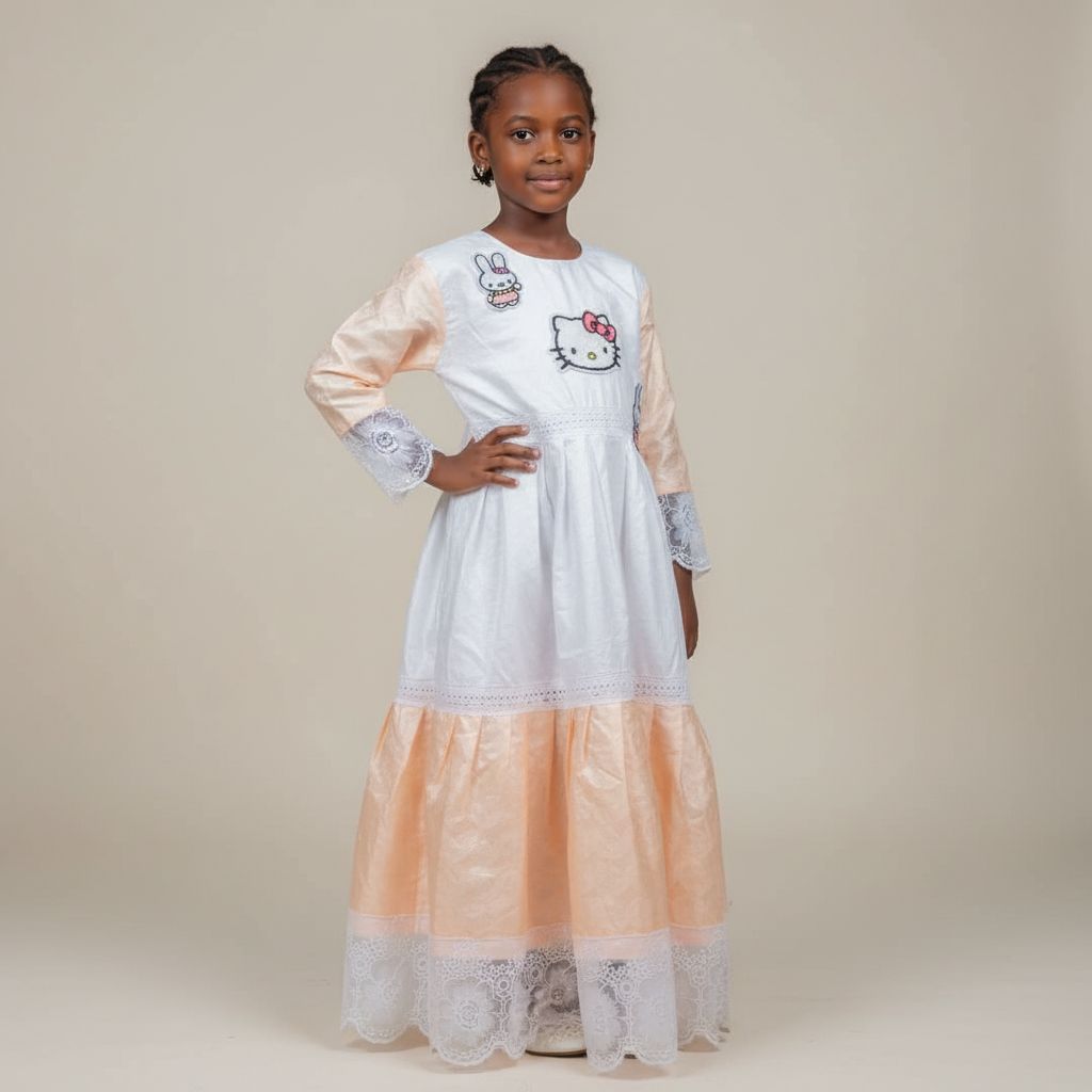 Robe petite fille cérémonie satin dentelle, motif chat et lapin pastel chic